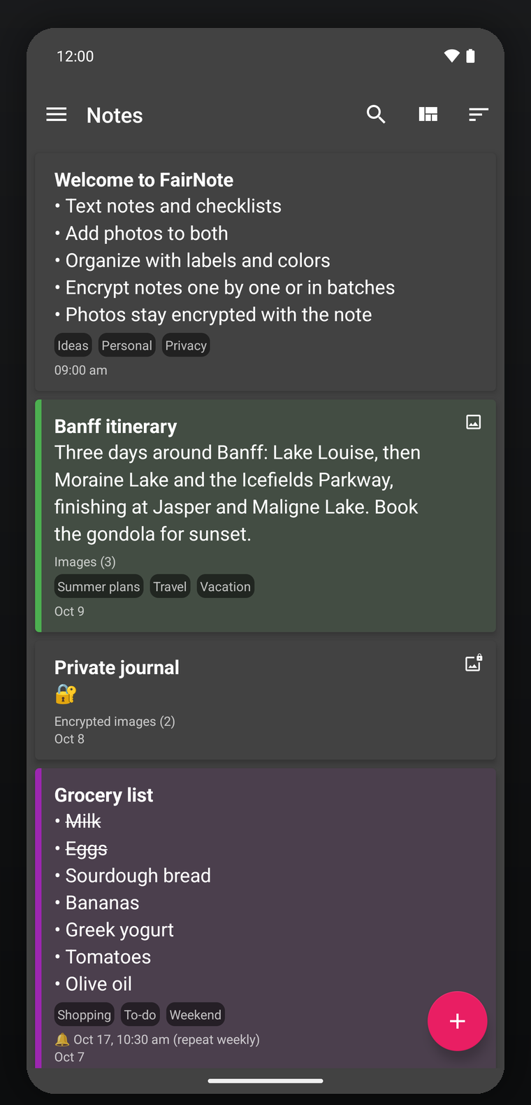 FairNote dark theme home list
