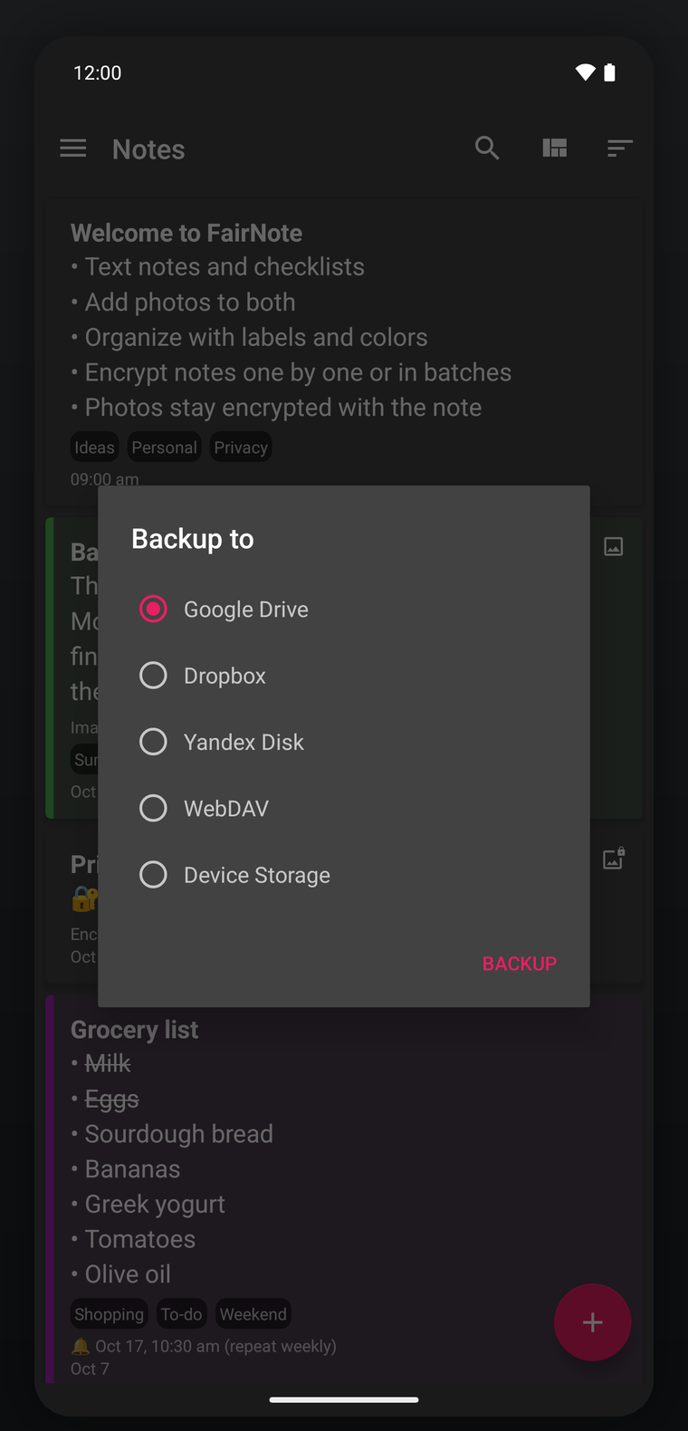 Choosing a FairNote backup destination