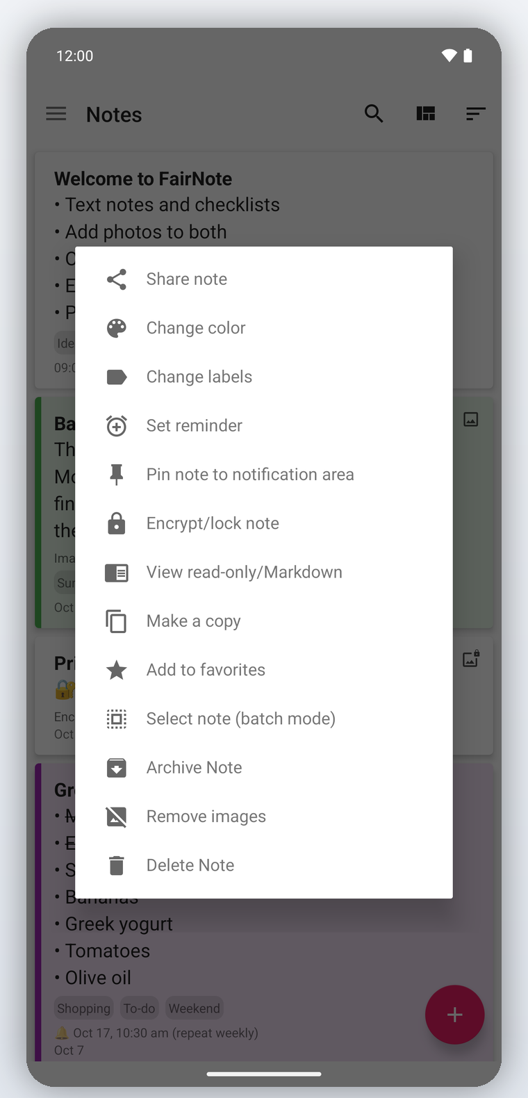 FairNote long-press context menu
